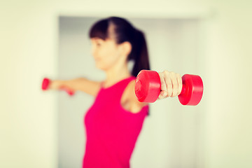 Image showing sporty woman hands with light red dumbbells