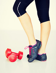 Image showing sporty woman legs with light red dumbbells