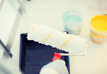 Image showing close up of male in gloves holding painting roller