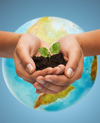 Image showing woman hand with green sprout over earth globe