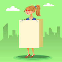 Image showing businesswomen with a poster and place for text