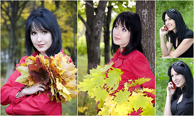 Image showing Collage with a girl with autumn leaves and a telephone