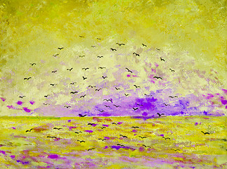 Image showing Sunset at the sea, birds in the sky