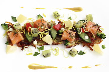 Image showing Potato pancakes with smoked salmon