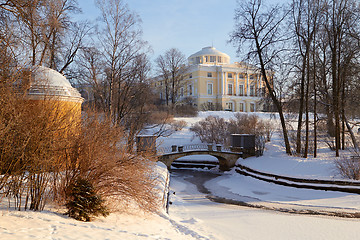 Image showing Winter view of the Big palace through park trees. Pavlovsk, St.Petersburg, Russia