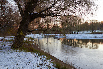 Image showing landscape late autumn evening freezing river park