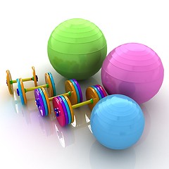 Image showing Fitness ball and dumbell