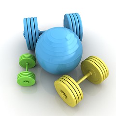 Image showing Fitness ball and dumbell