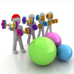 Image showing 3d mans with fitness balls and dumbells