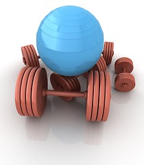 Image showing Fitness ball and dumbell