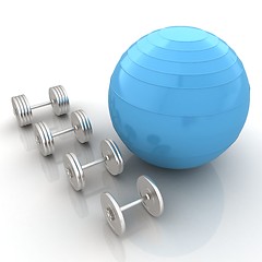 Image showing Fitness ball and dumbell