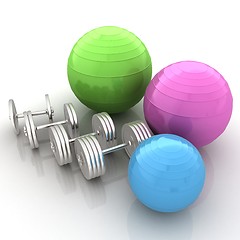 Image showing Fitness ball and dumbell