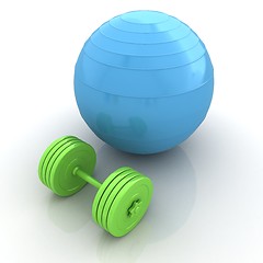 Image showing Fitness ball and dumbell