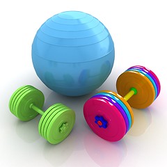 Image showing Fitness ball and dumbell