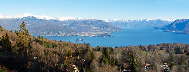 Image showing panorama of clear blue wide Lake -  Varese,  Lombardy, Italy