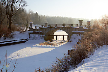 Image showing winter  landscape with old bridge sunny day