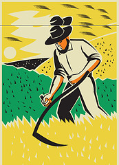 Image showing Farmer With Scythe Harvesting  Field Retro