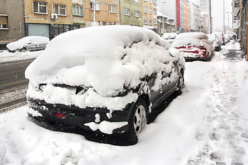 Image showing Parked Cars covered with snow