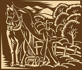 Image showing Farmer Farming Plowing With Farm Horse Woodcut