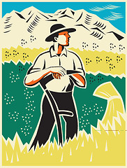 Image showing Farmer Standing With Scythe Field Woodcut