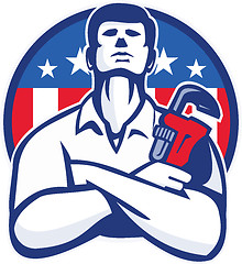 Image showing Plumber With Monkey Wrench American Flag retro