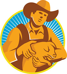 Image showing Pig Farmer Holding Piglet Front Retro