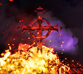 Image showing Ghotic cross on fire 