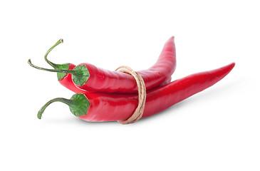 Image showing Three red chili peppers rotated tied with a rope