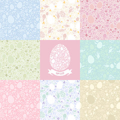 Image showing Eight Versions Easter Seamless Pattern in Pastel Shades