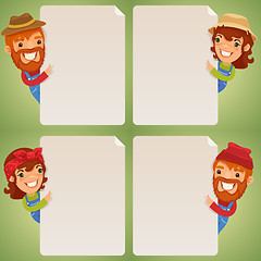 Image showing Farmers Cartoon Characters Looking at Blank Poster Set