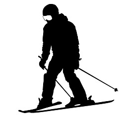 Image showing Mountain skier  speeding down slope. Vector sport silhouette.