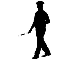 Image showing Black silhouettes of Police officer  with a rod on white backgro