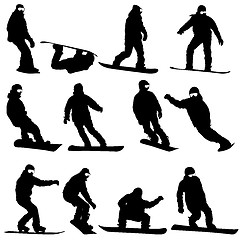 Image showing Black silhouettes set snowboarders on white background. Vector i