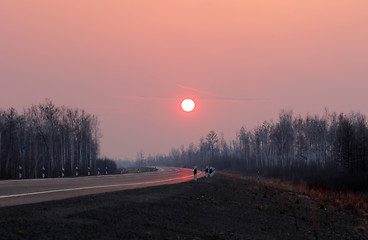 Image showing Road to Siberia in winter sunset.