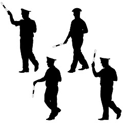 Image showing Black silhouettes of Police officer  with a rod on white backgro