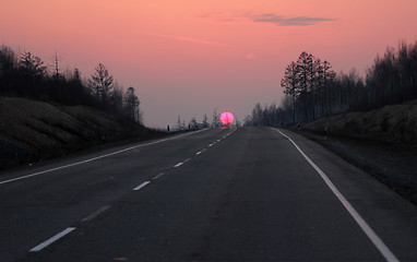 Image showing Road to Siberia in winter sunset.