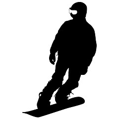 Image showing Black silhouette  snowboarder on white background. Vector illust