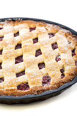 Image showing Cake with raspberries closeup.