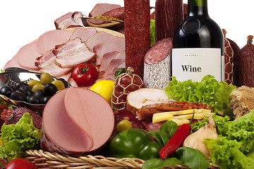 Image showing A composition of meat and vegetables with wine