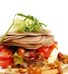 Image showing Smoked tongue served with muchrooms and tomatos isolated on whit