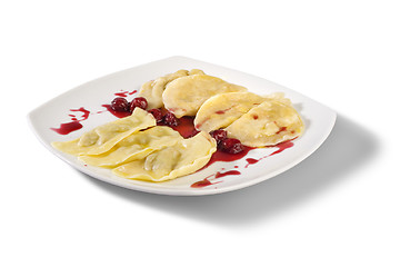 Image showing Ukrainian national dish varenyky (ravioli) with cherry