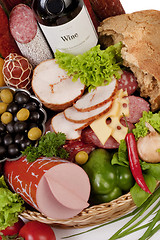 Image showing A composition of meat and vegetables with wine