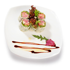 Image showing Image of sushi decorated with lettuce. File includes clipping pa