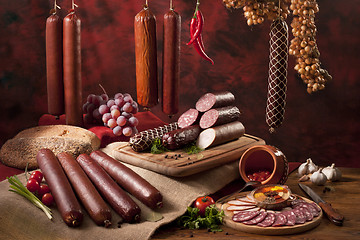 Image showing A composition of different sorts of sausages