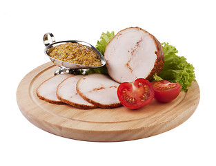 Image showing Sliced ham with mustard and vegetables