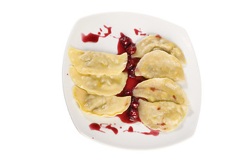 Image showing Ukrainian national dish varenyky (ravioli) with cherry