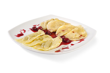 Image showing Ukrainian national dish varenyky (ravioli) with cherry