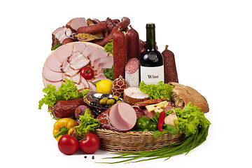 Image showing A composition of meat and vegetables with wine