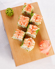 Image showing Sushi futomaki with shrimp top view