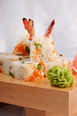 Image showing Sushi rolls wish shrimp and caviar